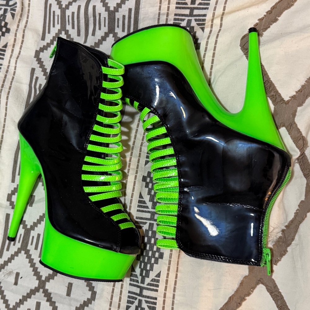 Pleaser Open Toe Boots in Black and Neon Green